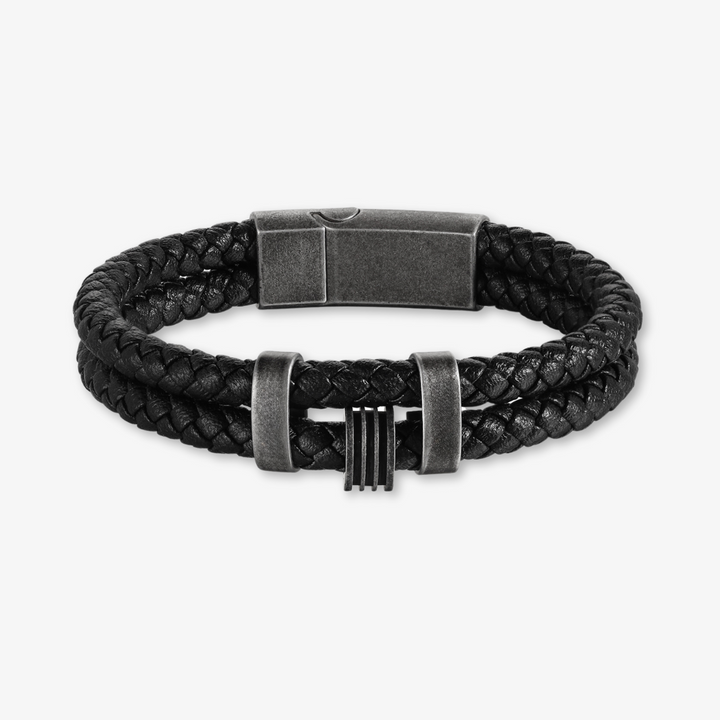 Personalized Black Braided Leather Bracelet with Dark Grey Stainless Steel Rings - Herzschmuck