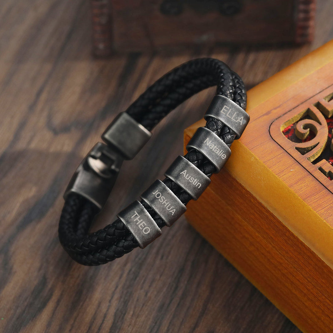 Unique Black Double-Braided Leather Bracelet with 5 Engravings - Herzschmuck