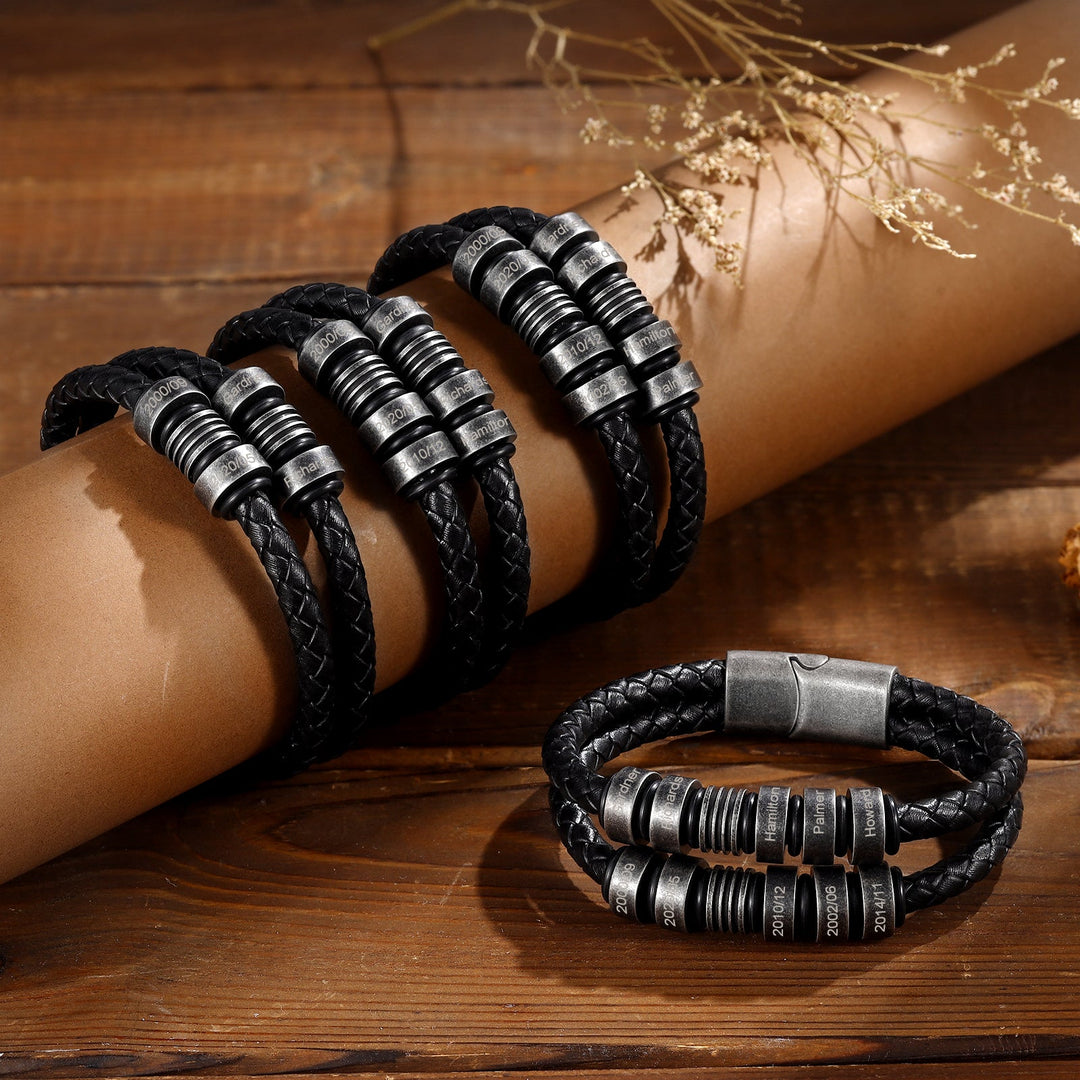 Black Braided Leather Bracelet with Four Engraving Options - Herzschmuck