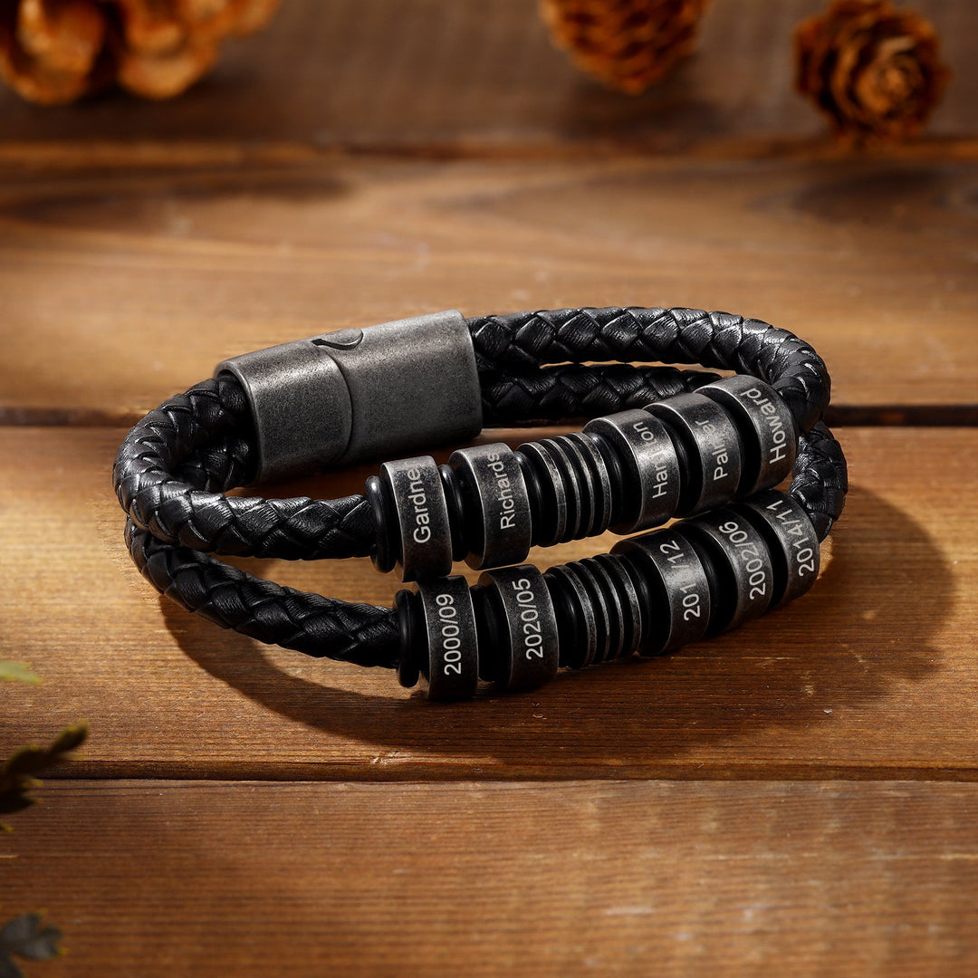 Black Braided Leather Bracelet with Four Engraving Options - Herzschmuck